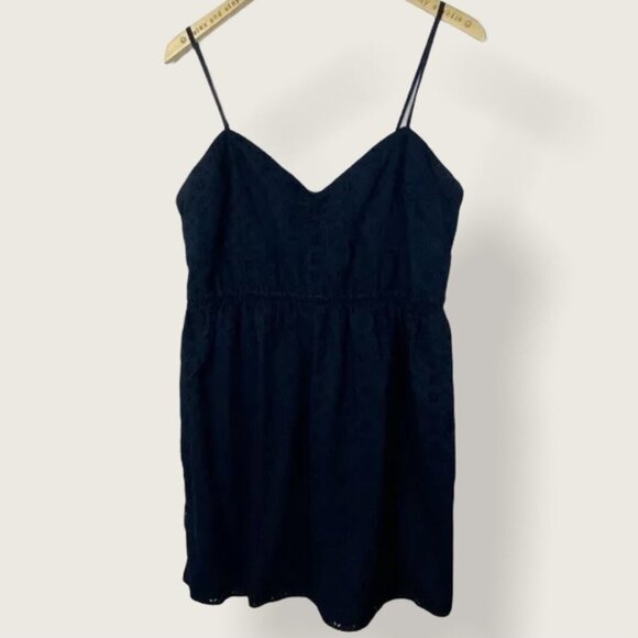J Crew Navy Blue Eyelet Knee Length Summer Dress Womens Size XL Flare Sweetheart - Picture 14 of 14